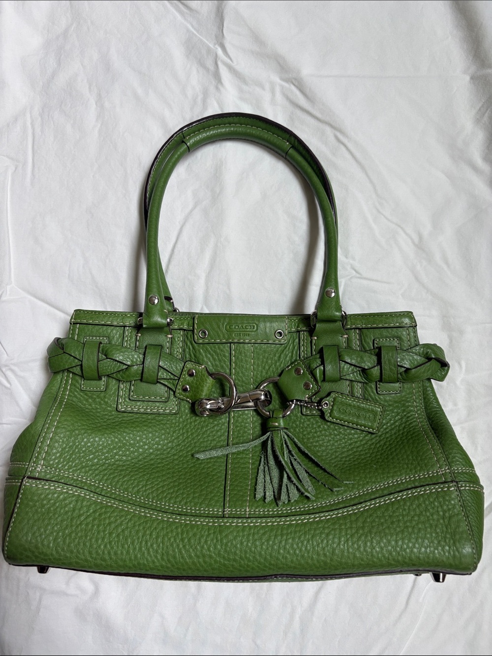 Coach Hamptons Green Pebbled Leather Braided Tassel Satchel F13084